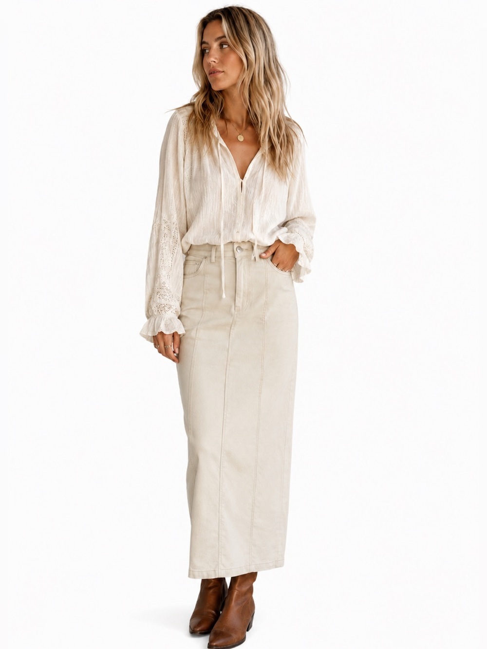 Jean Skirt Boho Western Coastal Cowgirl Cream Denim Maxi Long  Size Small‎ NWOT